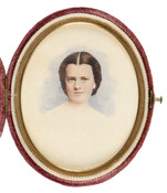 Ambrotype portrait of Priscilla Anderson comprising an overpainted photograph set in a maroon velvet oval case to resemble a miniature.