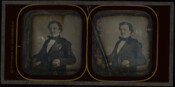 Stereoview daguerreotype portrait of Robert Davison Brown (1823-1908). Brown, the son of George John Brown (1787-1829), was a Howard County landowner (lived at Lawyer's Hill) and a Baltimore banker. He married Mary Dorsey Dobbin (1836-1895) in 1859, and they had 4 children: Esther Allison (1861-1950), Catherine Dobbin (1862- ), Rebecca Pue (1863-1927), and Dr. George…