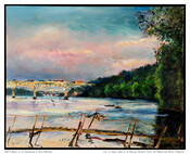Oil on board landscape painting of "Bridges on the Susquehanna", 1994, by Raoul Middleman. The Susquehanna River flows from Maryland through Pennsylvania and up to New York. This scene is from Havre de Grace, near the artist's summer home, looking towards Port Deposit, Maryland.