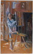 Oil on Masonite painting of "Trafford in His Studio", ca. 1950s, by Isabel Simpson Hulings Klots. Trafford Partridge Klots (1913 – 1976) was born in Rome, Italy to parents of Baltimore, Maryland. His education consisted largely of painting. He had several teachers of art to maintain originality. Trafford, through his extensive travels, was able to…