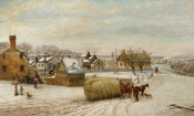 Painting of the town of Bladensburg, Maryland in winter. Homes and townspeople are visible along with pet dogs, men on horseback, and a team of horses pulling a cart of straw.