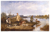 Oil on canvas painting of "Duck Hunting on the Susquehanna Flats", 1856, by Hugh Newell. This scene features several hunters in appropriate attire, two hunting dogs, and a pile of ducks. One of the men leans against a shotgun or rifle. Hugh Newell (1830-1915) was born in Belfast, Ireland. He emigrated to the United States…