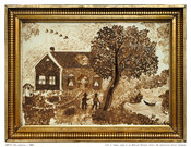 Landscape scene of a house and yard with a large tree composed of the hair of family members from either the Cooksey or Neilsen families of Maryland, all labelled. Two men stand at the base of the tree. A small boat sits on water to the right of the composition. A flock of birds flies…