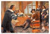 Oil on masonite painting of "Lord Baltimore Receiving the Grant of Maryland from King Charles I", ca. 1940-1943, by J. Carroll Mansfield. This scene shows Cecil Calvert, 2nd Baron of Baltimore (Lord Baltimore) (1605-1675), in 1632, receiving the Maryland Charter to establish the new Maryland Colony. This charter was granted by King Charles I of…