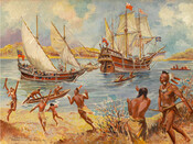 A painting depicting a group of Native Americans running towards the water, and rowing their canoes towards a pair of ships, supposedly the Ark and the Dove, sailing by them on the Potomac River. This painting is from "The Cavalcade of Maryland" series.