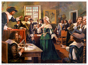 Oil on board painting of "Margaret Brent Comes Before the Maryland Colonial Assembly", 1942, by J. Carroll Mansfield. Margaret Brent (c. 1601- c. 1671), an English immigrant, came to the Province of Maryland in 1638. She arrived at the new colony as the head of her own household, claimed a land grant, and traded in…
