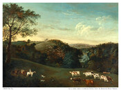 Oil on canvas landscape painting of "Perry Hall" by Francis Guy. This landscape scene shows hills in the background. A group appears on horseback at left that is possibly Harry D. Gough and his two grandchildren. An African American groom on horse is seen. There are two dogs and cows at right. Sheep appear on…
