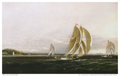 Oil on canvas landscape painting of "Yachting in Baltimore Harbor", ca. 1865, by James Edward Buttersworth. This scene depicts three large, American sailing yachts in the foreground. At left is Lazaretto Point in Baltimore Harbor, which is directly opposite of Fort McHenry. The white lighthouse depicted was built in 1831 and several industrial buildings were…