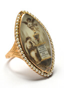 Mourning ring, sepia ink scene on ivory, hair, under glass. Features a woman and an angel next to a tombstone for "S. Boyd, Died 23 Aug., 1786, Aged 43."