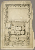 An architectural drawing for a home in either the Guilford or Roland Park neighborhoods of Baltimore, Maryland. The drawing includes an interior floor plan and exterior landscaping.