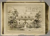 An architectural drawing for a home in either the Guilford or Roland Park neighborhoods of Baltimore, Maryland. The drawing includes the home's facade and front yard landscaping.