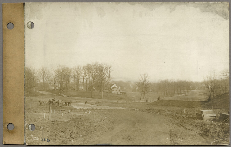 Looking up Greenway and Chancery Street from inside line of sidewalk on University Parkway and center of Greenway looking northeast — 1913-01-22