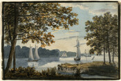 Watercolor on paper drawing of "View on the Elizabeth River, Norfolk, Virginia", March 21, 1796, from the Latrobe Sketchbooks, by Benjamin Henry Latrobe. This scene features marshes, woodlands, and four schooners on the Elizabeth River. Latrobe emigrated from England to the United States in late-1795. After a four-month journey aboard the "Eliza", he spotted the…