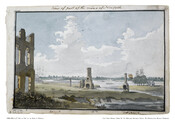 Watercolor on paper drawing of "View of Part of the Ruins of Norfolk", ca. 1796-1798, from the Latrobe Sketchbooks, by Benjamin Henry Latrobe. This drawing features partial brick wall and chimney ruins of Fort Norfolk in the foreground, numerous sailing ships on the Elizabeth River, and the city of Portsmouth in the distance. The original…