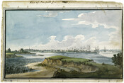 Watercolor on paper drawing of "View of Norfolk From Town Point", ca. 1796-1798, from the Latrobe Sketchbooks, by Benjamin Henry Latrobe. This scene features the marshy bank of the Elizabeth River from the Town Point peninsula, a harbor packed with sailing ships, and the city of Norfolk in the background. Latrobe emigrated from England in…