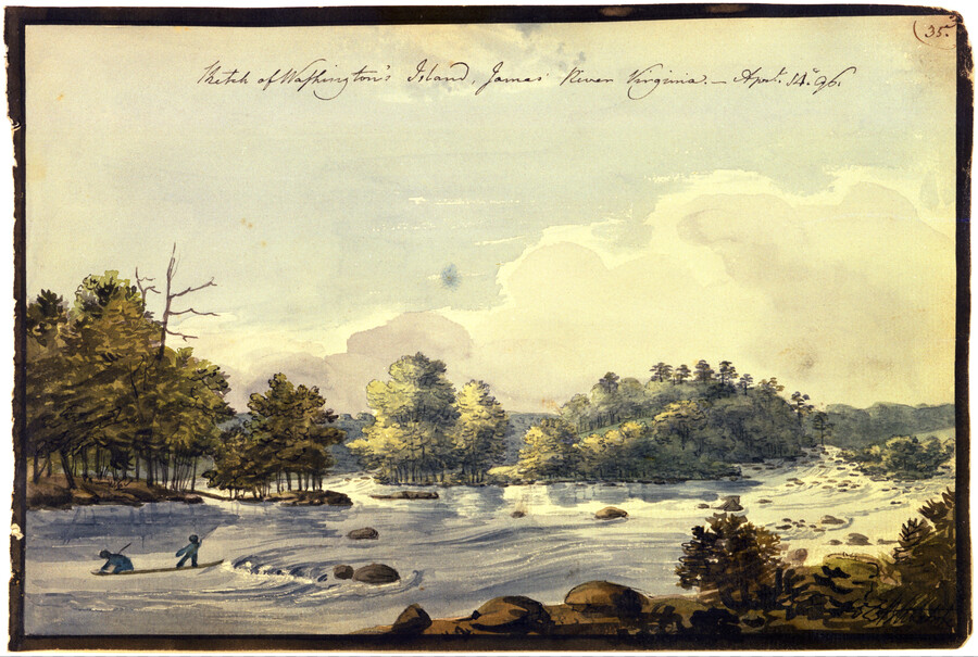 Watercolor on paper of "Sketch of Washington's Island, James River, Virginia", April 14, 1796, from the Latrobe Sketchbooks, by Benjamin Henry Latrobe. After emigrating to Virginia from England in 1796, Latrobe was hired to design the State Penitentiary in Richmond among other projects in the state. This scenes swift currents of the James River near…