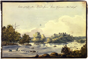 Watercolor on paper of "Sketch of Washington's Island, James River, Virginia", April 14, 1796, from the Latrobe Sketchbooks, by Benjamin Henry Latrobe. After emigrating to Virginia from England in 1796, Latrobe was hired to design the State Penitentiary in Richmond among other projects in the state. This scenes swift currents of the James River near…