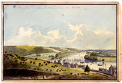 Watercolor on paper drawing of "View Down James River from Mr. Nicholson's House Above Rocketts", May 16, 1796, from the Latrobe Sketchbooks, by Benjamin Henry Latrobe. This view was captured from the home of a "Mr. Nicholson" as Latrobe looked out at the winding James River and the growing trading village and port known as…