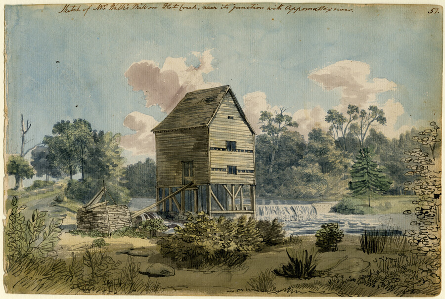 Watercolor on paper drawing of "Sketch of Mr. Walk's Mill on Flat Creek, near its junction with Appomattox River", ca. 1796, from the Latrobe Sketchbooks, by Benjamin Henry Latrobe. During a trip down the Appomattox River, Latrobe and his companions stopped for the night at the home of a Mr. Walk for a meal and…