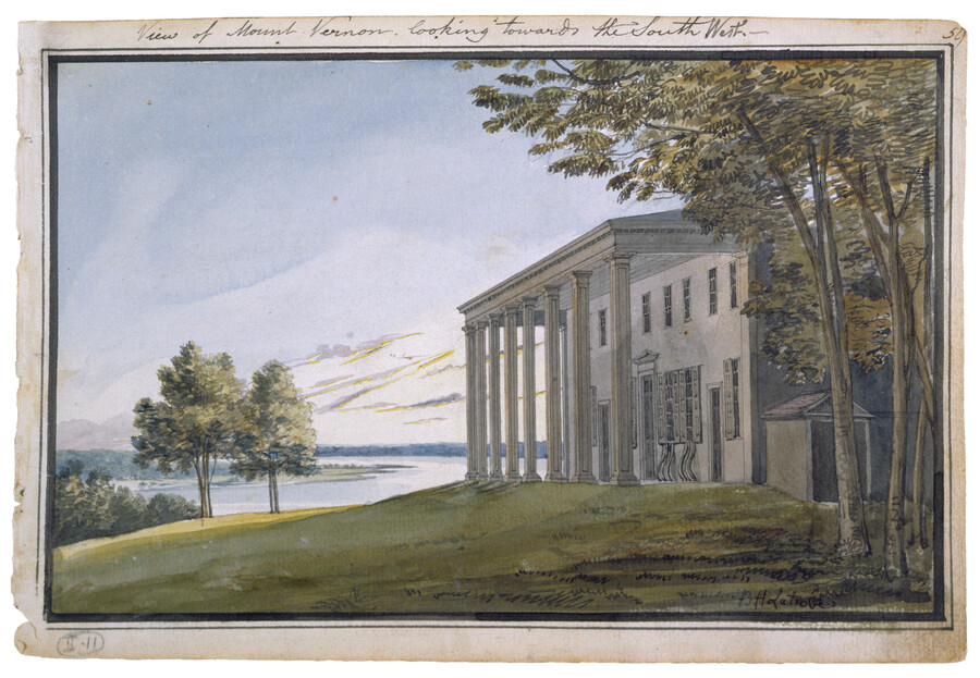 Watercolor on paper of "View of Mount Vernon Looking Towards the South West", 1796, from the Latrobe Sketchbooks, by Benjamin Henry Latrobe. On July 16, 1796, Latrobe journeyed to President George Washington's Virginia estate "Mount Vernon" to deliver a letter from Washington's nephew, and Latrobe's friend, Bushrod Washington (1762-1829). Washington and Latrobe dined several times…