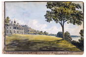 Watercolor on paper drawing of "View of Mount Vernon looking to the North", July 17, 1796, from the Latrobe Sketchbooks, by Benjamin Henry Latrobe. On July 16, 1796, Latrobe journeyed to President George Washington's Virginia estate "Mount Vernon" to deliver a letter from Washington's nephew, and Latrobe's friend, Bushrod Washington (1762-1829). Latrobe dined with Washington…