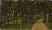 Hand-colored photograph mounted on cardboard depicting a lake beside a wooded path. The scene is from the grounds of Homeland, the country estate of the Perine family. The estate was situated in what later became known as the Homeland neighborhood of Baltimore, Maryland.
