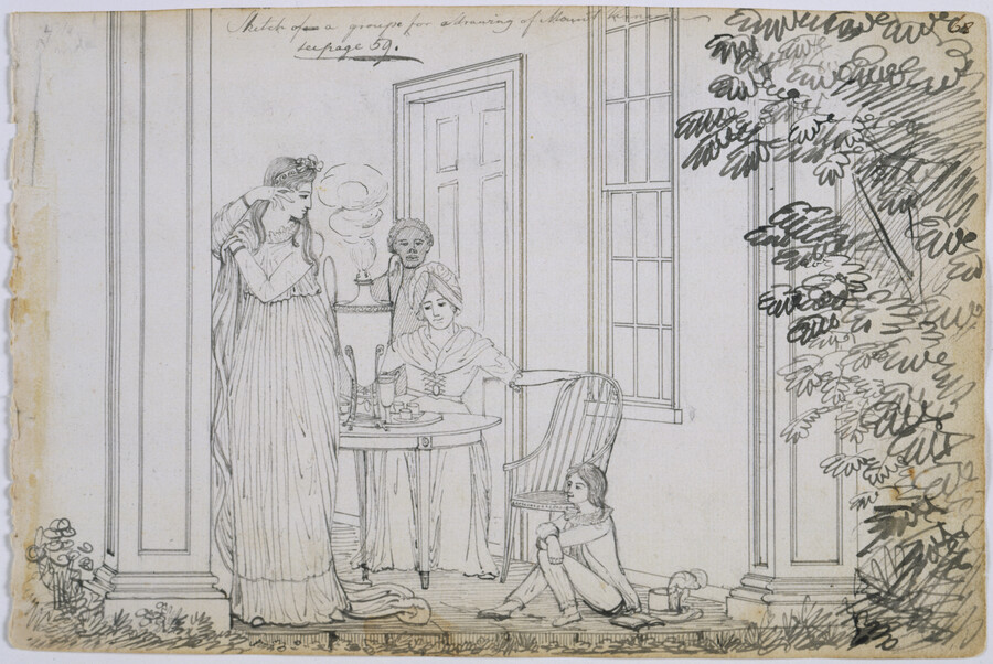 Pencil on paper drawing of "Sketch of a groupe for a drawing of Mount Vernon", July 1796, from the Latrobe Sketchbooks, by Benjamin Henry Latrobe. On July 16, 1796, Latrobe journeyed to President George Washington's Virginia estate "Mount Vernon" to deliver a letter from Washington's nephew, and Latrobe's friend, Bushrod Washington (1762-1829). At about 3:30…