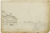 Ink and pencil on paper drawing of "House and lawn, Belvidere, Richmond, Virginia", circa 1797-1798, from the Latrobe Sketchbooks, by Benjamin Henry Latrobe. This partially finished sketch shows "Belvidere", a plantation mansion built in 1758 along the falls of the James River. It was built by by William Byrd III (1728-1777) in 1758. He was…