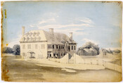 Watercolor on paper drawing of "Greenspring, home of William Ludwell Lee, James City County, Virginia", ca. 1796-1798, from the Latrobe Sketchbooks, by Benjamin Henry Latrobe. "Green Spring", was built in 1645 by Governor William Berkeley (1607-1677) a few miles west of Williamsburg, Virginia. The plantation expanded to more than two thousand acres and produced goods…