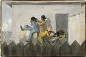 Watercolor on paper of "Preparations for the Enjoyment of a Fine Sunday Evening, Accurately Copied from the Upper Room of Drymane's Tavern, Norfolk", March 4, 1797, from the Latrobe Sketchbooks, by Benjamin Henry Latrobe. This scene depicts several African American men and women shaving and grooming from Latrobe's perspective at a tavern. He described the…