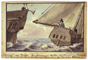 Watercolor on paper drawing of "A Conversation at Sea", March 10, 1797, from the Latrobe Sketchbooks, by Benjamin Henry Latrobe. Following the death of his wife and emotional breakdown, Latrobe decided to emigrate from England to the United States in 1795. Following a difficult four-month journey across the Atlantic, he landed in Norfolk, Virginia on…