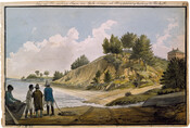 Watercolor on paper drawing of "View of Fishing Shore on York River at Airy Plains, looking to the East", 1797, from the Latrobe Sketchbooks, by Benjamin Henry Latrobe. The artist captured several views of "Airy Plains", the estate of Henry Banks (1781-1817) along the York River in Virginia. This watercolor features the river at left,…