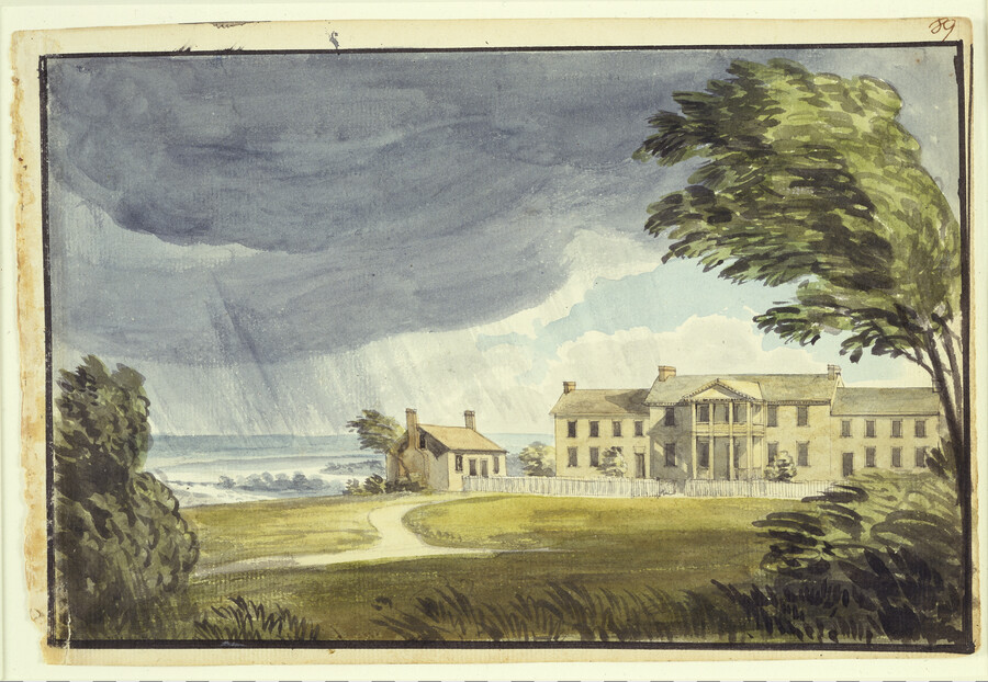 Watercolor on paper drawing of "View of North Front of Belvidere, Richmond", 1797, from the Latrobe Sketchbooks, by Benjamin Henry Latrobe. This drawing shows a thunderstorm over "Belvidere", a plantation mansion built in 1758 along the falls of the James River. It was built by by William Byrd III (1728-1777) in 1758. He was a…