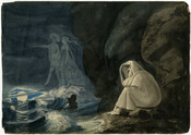 Watercolor on paper drawing of "Seated Figure of Bearded Man in White, looking at Wraiths of Man and Woman Walking over the Sea", July 20, 1797, from the Latrobe Sketchbooks, by Benjamin Henry Latrobe. This drawing features a bearded man garbed in white sitting against a rocky cliff by the rough sea. He peeks from…