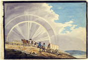 Watercolor on paper drawing of "Extraordinary Appearances in the Heavens and on Earth", August 2, 1797, from the Latrobe Sketchbooks, by Benjamin Henry Latrobe. The scene features a steep hillside by the water, possibly the James River, and a white picket fence goes upwards in the background. At center is a covered wagon with a…