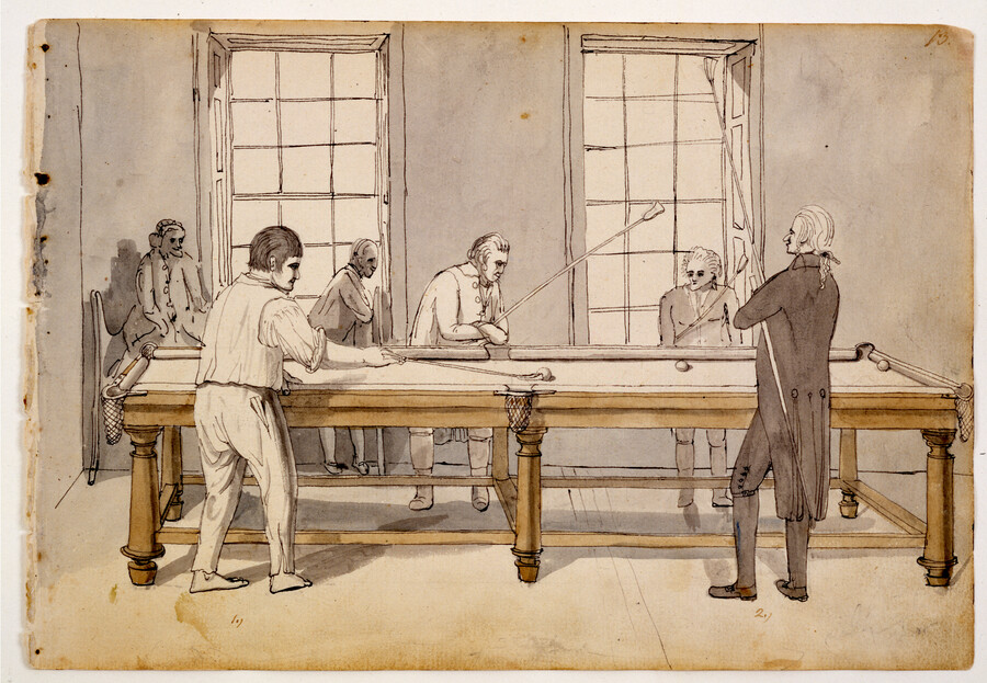 Watercolor on paper drawing of "Billiards in Hanover Town, Virginia", ca. 1796-1798, from the Latrobe Sketchbooks, by Benjamin Henry Latrobe. This scene features four players over a six-pocket billiards table, each holding a cue stick. There are two observers in the background near two large windows. Hanover Town, chartered in 1762, was a colonial-era tobacco…