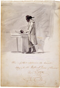 Watercolor on paper drawing of "Alic, a faithful and humorous old servant belonging to Mr. Bathurst Jones of Hanover", November 3, 1797, from the Latrobe Sketchbooks, by Benjamin Henry Latrobe. The scene features "Alic", an African American slave or servant of Bathurst Jones (1760-1810) of Hanover Town, Virginia. Alic stands over a wash bowl and…