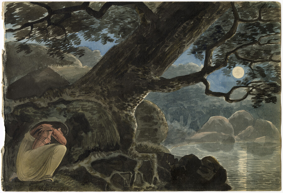 Watercolor on paper drawing of "An Indian Mother Mourning Her Child: An Illustration for Ned Evans", 1798, from the Latrobe Sketchbooks, by Benjamin Henry Latrobe. This scene features a Native American woman sitting under a tree by a river under the moonlit night. She covers her face as she cries.