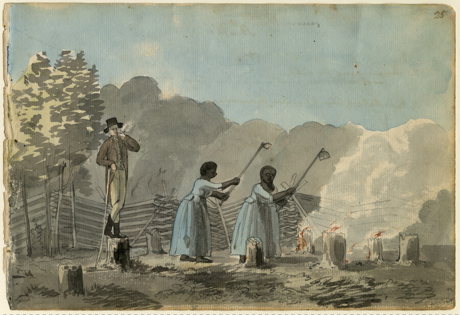 Watercolor on paper of "An overseer doing his duty near Fredericksburg, Virginia", ca. 1798, from the Latrobe Sketchbooks, by Benjamin Henry Latrobe. The scene shows a white overseer smoking a pipe and standing on a tree stump over two African American enslaved women who are using garden hoes.