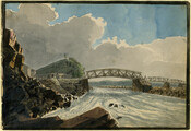 Watercolor on paper drawing of "Bridge at Little Falls of the Potomac River, above Georgetown", 1797, from the Latrobe Sketchbooks, by Benjamin Henry Latrobe. This scene shows is taken from near water level of the Potomac River at Little Falls. There are a few houses and structures on the left, and a high hill in…