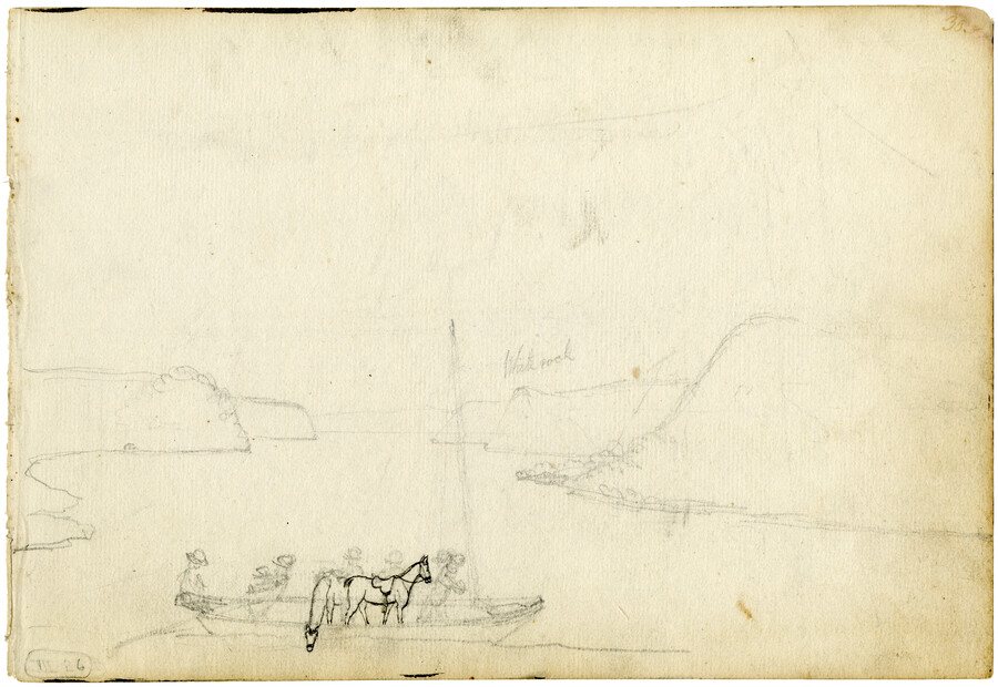 Pencil on paper drawing of "Sketch of a Sailboat Carrying Passengers and Horses", ca. 1800, from the Latrobe Sketchbooks, by Benjamin Henry Latrobe. This partial pencil sketch features two horses and several men in a single-masted sail boat on an unknown river.