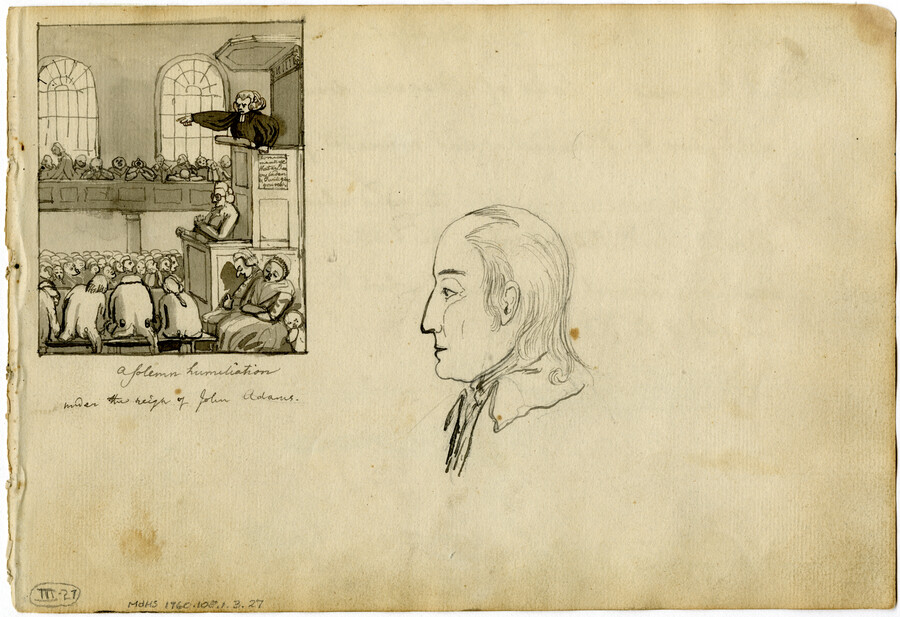Pencil, ink, and watercolor on paper drawing of "A Solemn Humiliation Under the Reign of John Adams", ca. 1798, from the Latrobe Sketchbooks, by Benjamin Henry Latrobe. It features a smaller inset drawing of an audience on two levels as well as two judge or politician-type officials at center. President John Adams (1735-1826), the second…