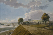 Watercolor on paper drawing of "View of the City of Richmond From the Bank of the James River", May 24, 1798, from the Latrobe Sketchbooks, by Benjamin Henry Latrobe. In the foreground are a series of dirt roads and numerous houses. In the distance at the center are the white columns of the Virginia State…
