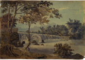 Watercolor on paper drawing of "Falls of large river", ca. 1796-1798, from the Latrobe Sketchbooks, by Benjamin Henry Latrobe. This scene features a man made log dam on a Virginia river, which is probably the James, which creates a lengthy waterfall.