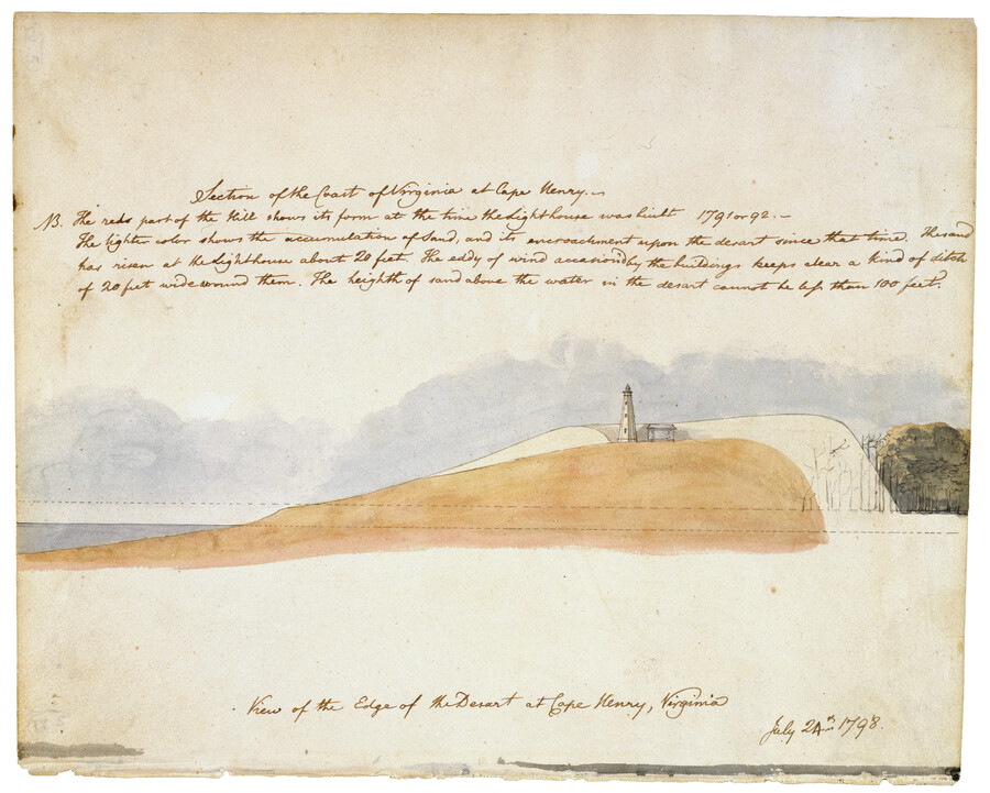 Pencil, ink, and watercolor on paper drawing of "View of the Edge of the Desert at Cape Henry, Virginia", July 24, 1798, from the Latrobe Sketchbooks, by Benjamin Henry Latrobe. The scene features the long sand approach to the Cape Henry Lighthouse, located on the Cape, which is a part of modern day Virginia Beach.…