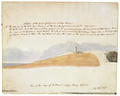 Pencil, ink, and watercolor on paper drawing of "View of the Edge of the Desert at Cape Henry, Virginia", July 24, 1798, from the Latrobe Sketchbooks, by Benjamin Henry Latrobe. The scene features the long sand approach to the Cape Henry Lighthouse, located on the Cape, which is a part of modern day Virginia Beach.…