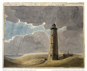 Ink and watercolor on paper drawing of "View of the Lighthouse at Cape Henry Virginia, Looking to the North", ca. 1798, from the Latrobe Sketchbooks, by Benjamin Henry Latrobe. The scene features the Cape Henry Lighthouse, located on the Cape, which is a part of modern day Virginia Beach. To the right of the lighthouse…