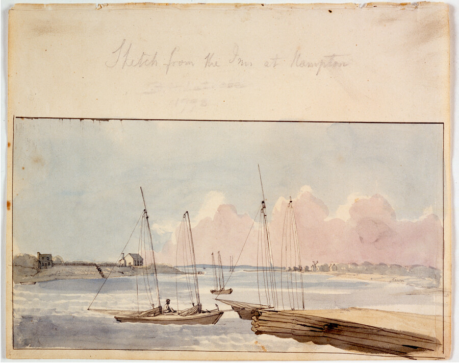 Pencil, pen, ink, and watercolor on paper drawing of "Sketch From the Inn at Hampton", ca. 1798, from the Latrobe Sketchbooks, by Benjamin Henry Latrobe. This Virginia scene features two two-masted schooners at dock in the foreground. A man sits in one of the boats. In the distance, out on the water, are other sailing…
