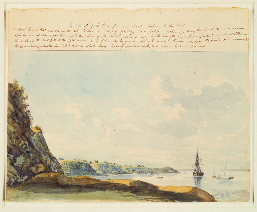 Watercolor on paper drawing of "Sketch of Yorktown from the Beach, looking to the West", July 1798, from the Latrobe Sketchbooks, by Benjamin Henry Latrobe. This scene features several small and large sailing ships, the cliffs of Yorktown, Virginia overlooking the York River, and Gloucester Point, which is the landmass in the distance on the…