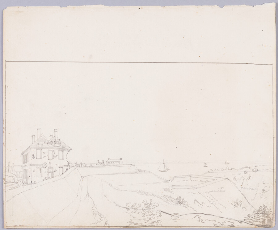 Pencil on paper drawing of "Nelson House and Fortifications, Yorktown, Virginia", ca. 1798, from the Latrobe Sketchbooks, by Benjamin Henry Latrobe. The rough sketch features the shell-riddled Nelson House at left, as well as surviving British fortifications overlooking sailing ships on the York River from the siege and battle of 1781, which was the decisive…
